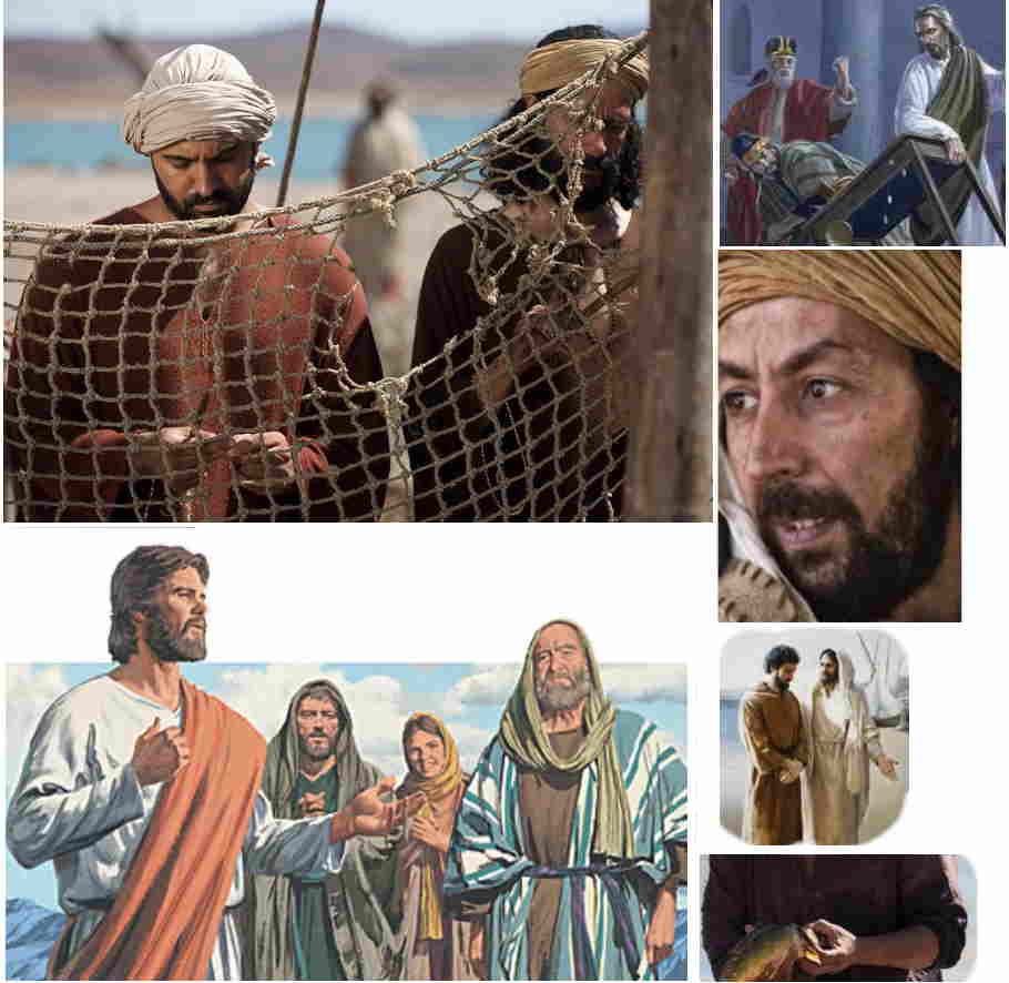 pictures and artwork of ancient fishermen mending their nets or thinking, Jesus overturning money-changers tables and teaching, and a man's hands handling a fish