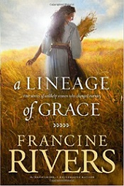 a book called "A Lineage of Grace" with a picture of a lady from Bible times in a wheat field