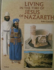 a book called "Living in the Time of Jesus of Nazareth" with artwork of 2 priests and the fortress Herodium