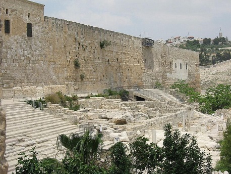 a picture of the southern steps of the temple mount partially restored today