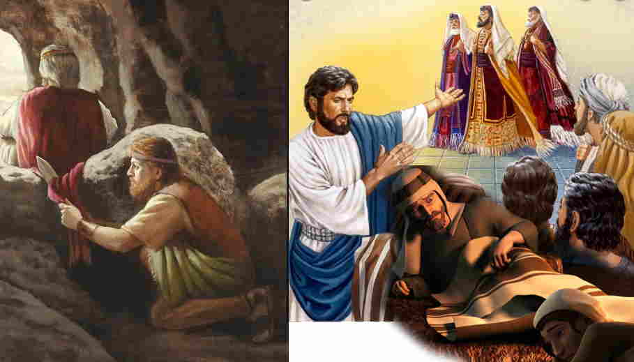 artwork of David hiding in cave cutting Saul's robe, another picture of Jesus speaking against the Pharisees to his disciples, and this overlapped by Ruth at Boaz's feet