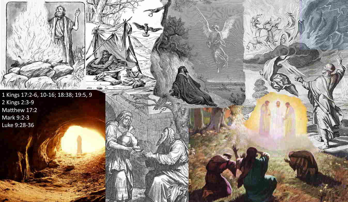 artwork of Elijah behind a fire burning a sacrifice, ravens feeding, an angel bringing him food, standing in the entrance of a cave, with a widow bringing him food, the transfiguration, and going up in a chariot