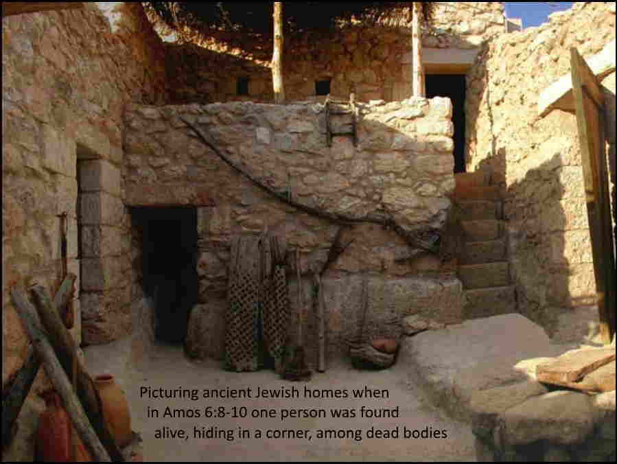 picture of an ancient Jewish stone home with stairs, different levels, tools, different rooms and doors, and open sky above