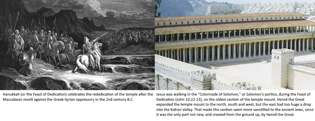 2 pictures, one of soldiers ready for battle and another of a colonnade at the Jewish temple 