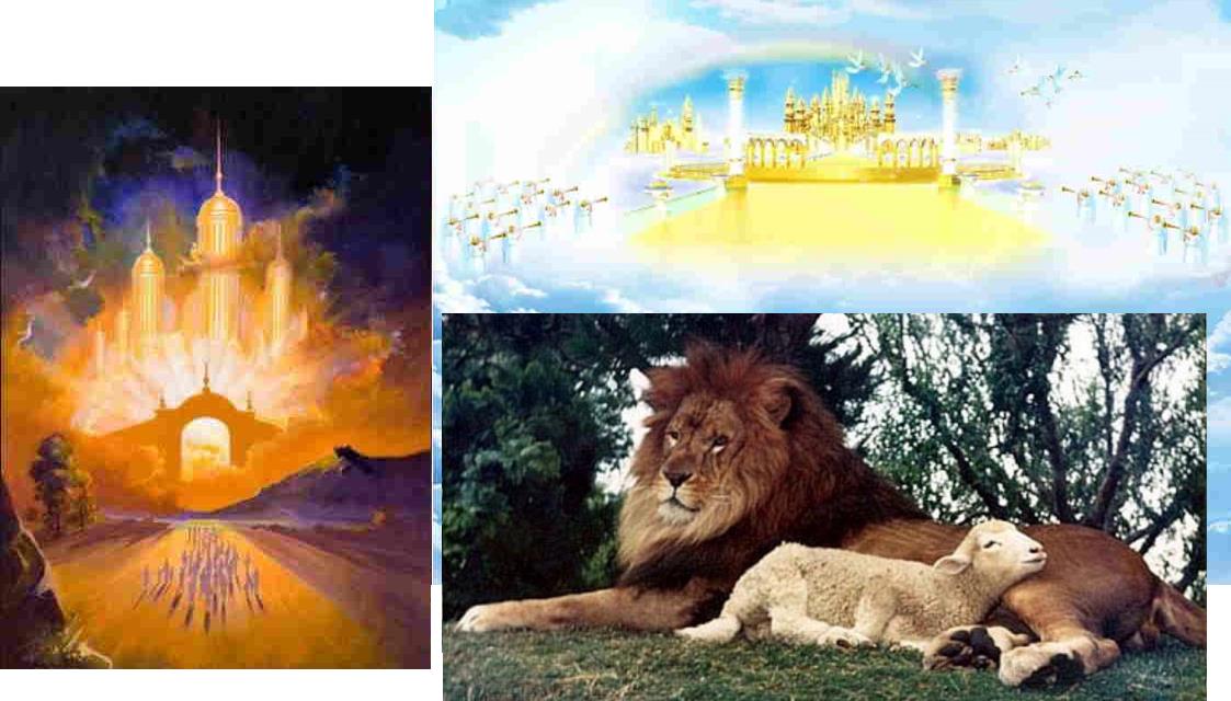 2 artwork pictures of the New Jerusalem or an entrance to Heaven, & one picture of a lion & a lamb lying down together