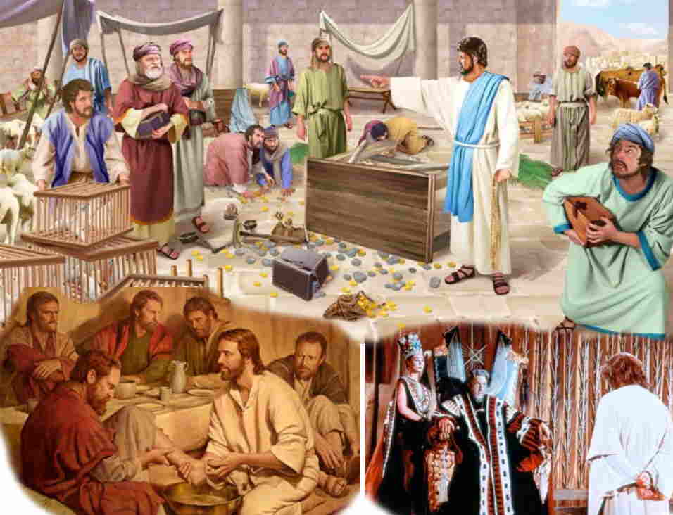 3 artwork pictures of Jesus cleansing the temple, Jesus washing Peters feet, and Jesus before Herod Antipas