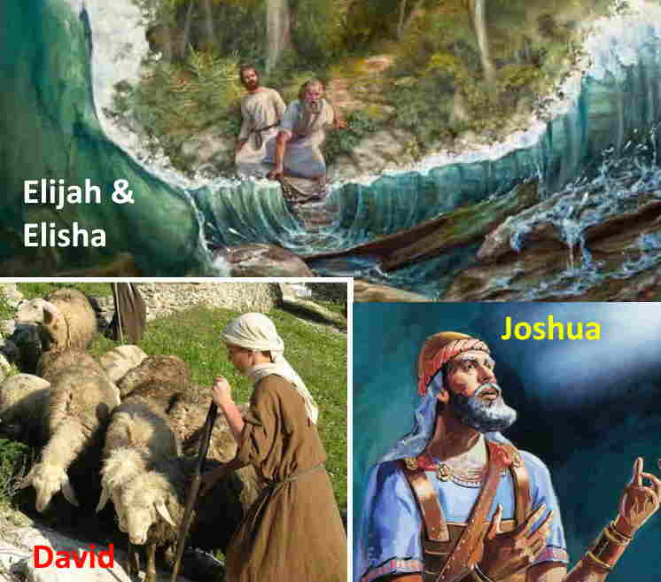 artwork of 3 pictures of Elijah parting the Jordan with Elisha, David as a shepherd boy and Joshua praying to God