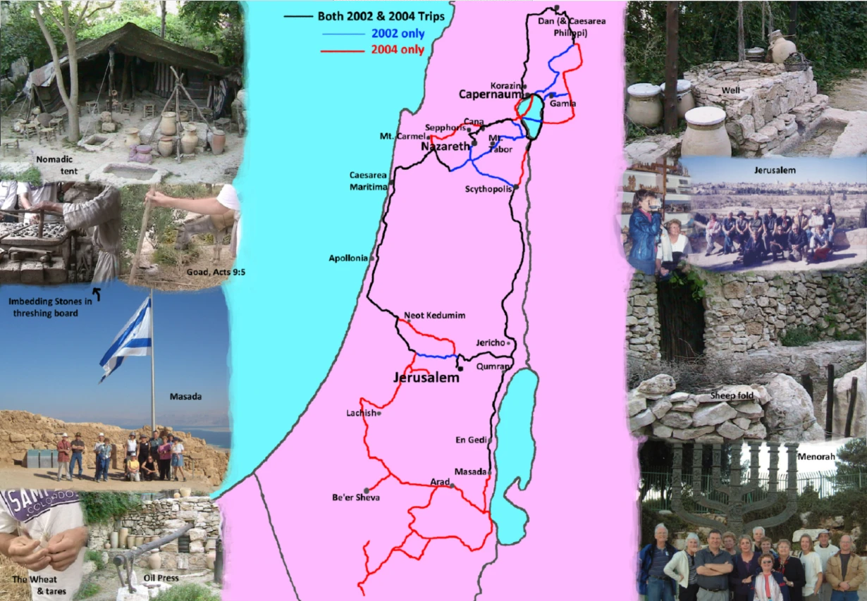 a map of Israel with 3 routes, what I took in 2002, 2004 & routes I did both times