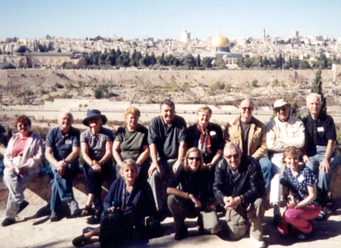 a picture of my tour group in front of Jerusalem in 2002