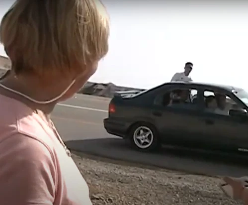 a picture of a guy getting into a car and a lady smiling at him